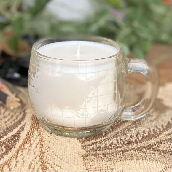 Vintage Nestle Nescafé Etched World Globe Cup Hand Poured Soy Candle - Picture 1 of 6
